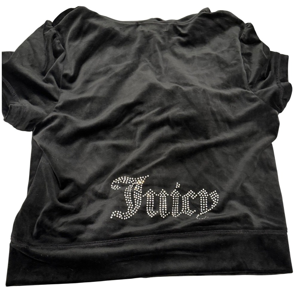 Juicy Couture Liquorice Black Velour Short Sleeve Rhinestone Logo Hoodie L NEW